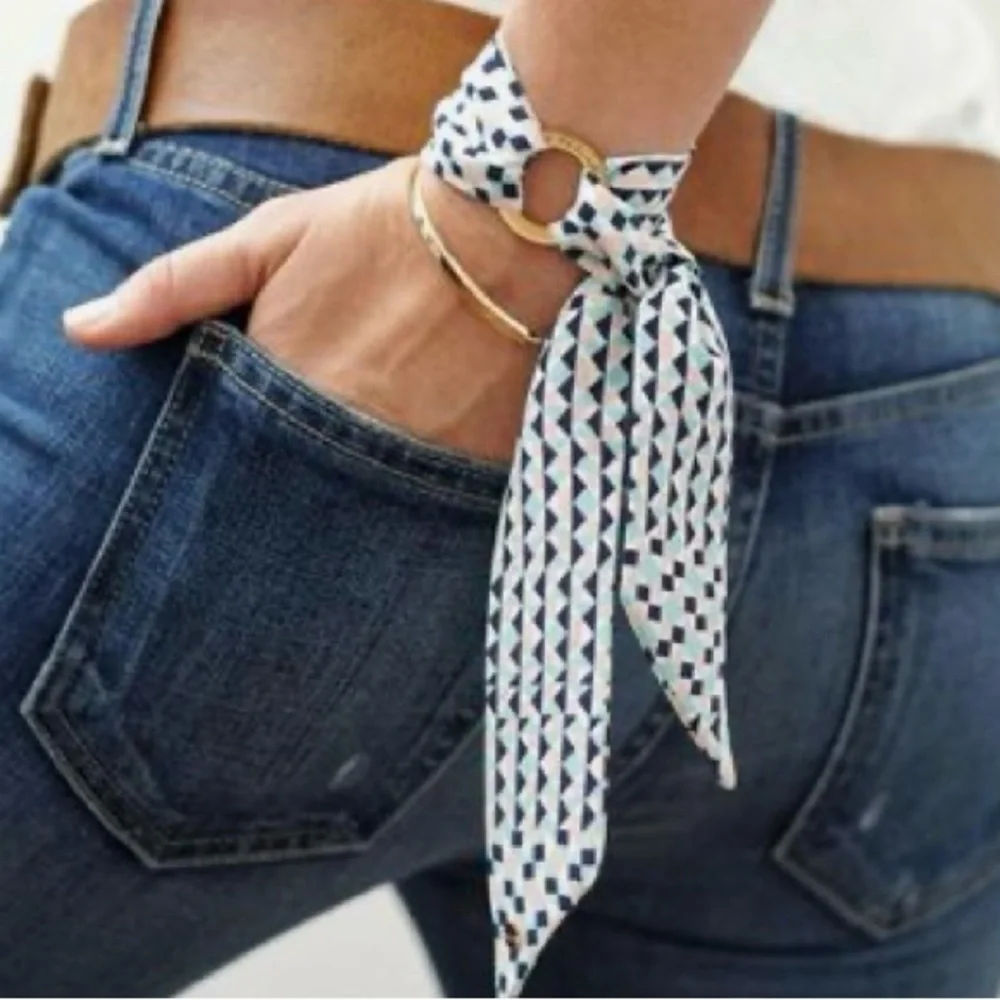 Black Grey French Script Print Hair purse skinny Scarf 3/$20
